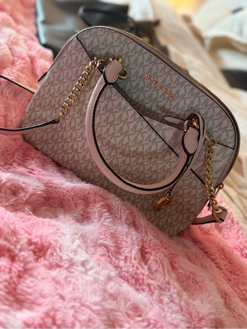 Michael Kors Blush Logo Dome Satchel with Gold Hardware